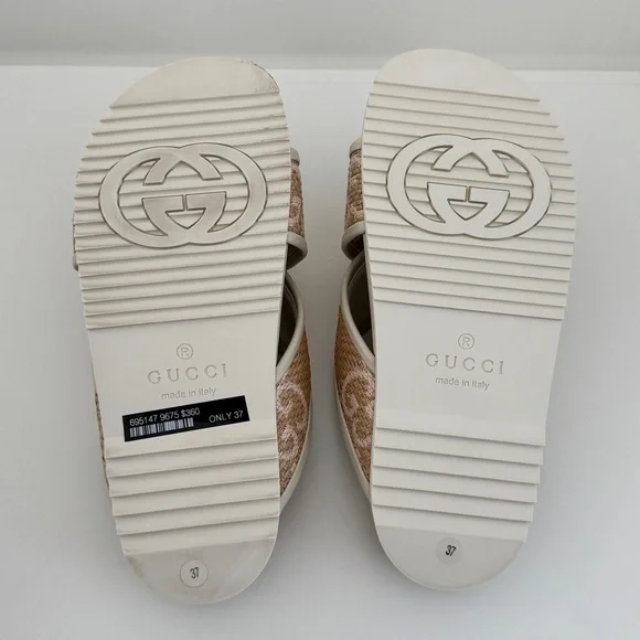 Gucci Rafia Chevron Beige and Pink Logo Women's Sandals Slides - Picture 4 of 9